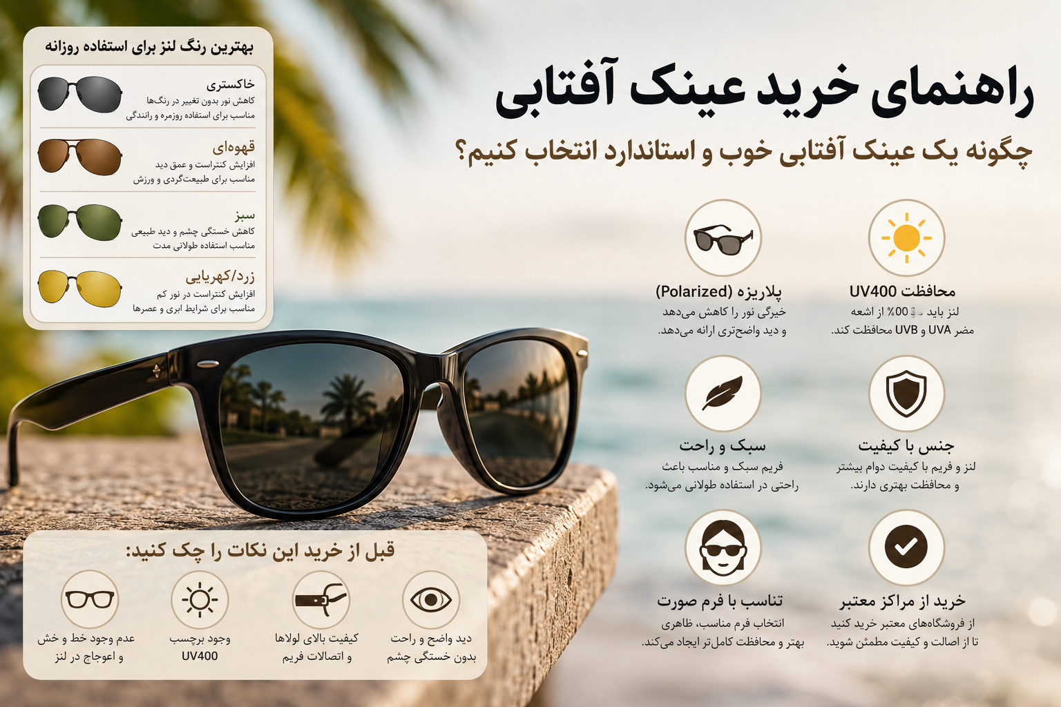 چگونه عینک آفتابی خوب بخریم؟ راهنمای کامل انتخاب عینک آفتابی استاندارد + ۱۵ نکته مهم